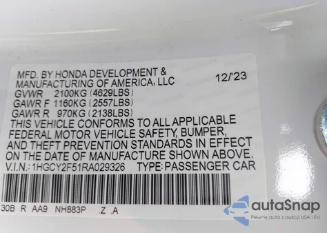 2024 Honda Accord Hybrid Sport z USA, uszkodzony, nr VIN 1HGCY2F51RA029326